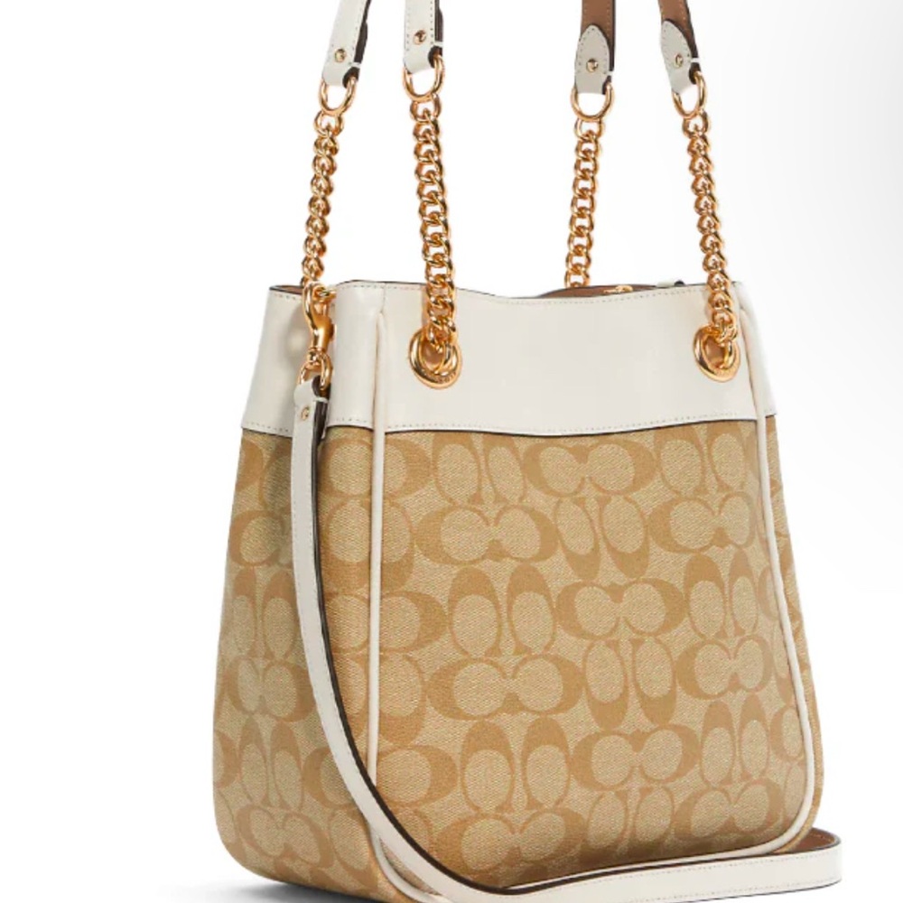 Coach Tan and White Shoulder Bag with Gold Chain Straps